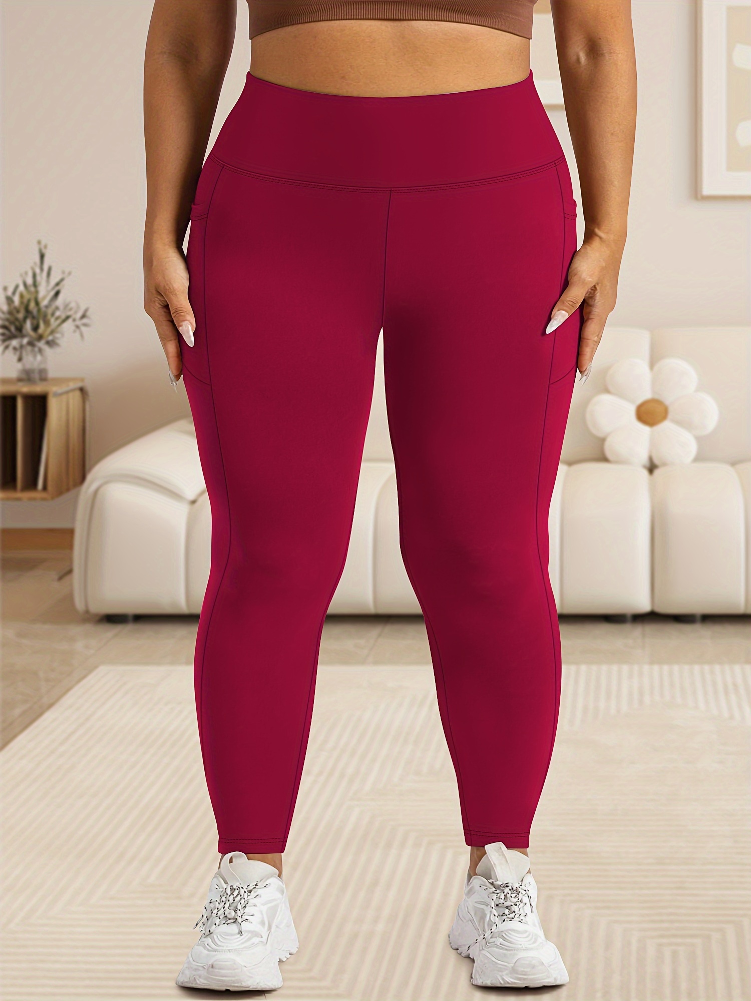 Women'S Plus Size High Waist Tummy Control Leggings with Pockets, 88% Polyester 12% Elastane, Skinny Fit, Solid Color, Knit Fabric, 200g/m², All Season Athletic Yoga Pants for Running & Fitness