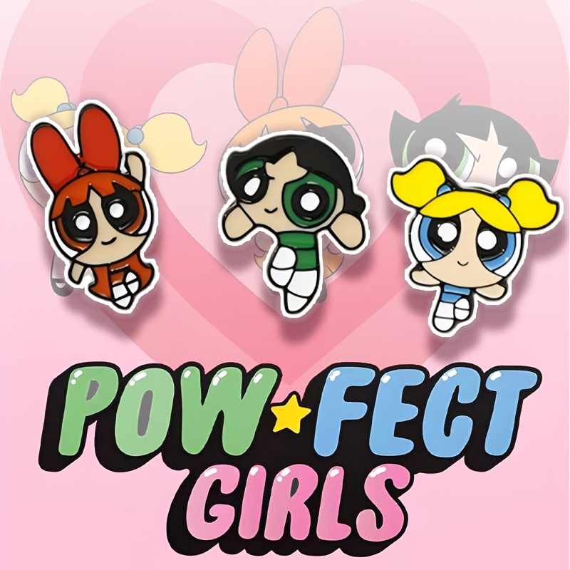 TEMU The Powerpuff 3pcs Brooch Set, Vintage Metal Badges, Includes Flower Power, Bubbles, And , Collectible Fashion Accessories, Choice For New