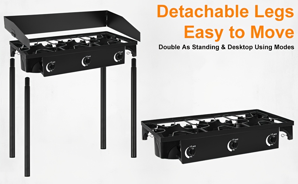 Cast Iron Outdoor Gas Stove | Portable Propane Cooktop with Blue Flame Control, Removable Legs, Temperature Control Knobs, Wind Panel, Hose, Regulator & Storage Carry Case