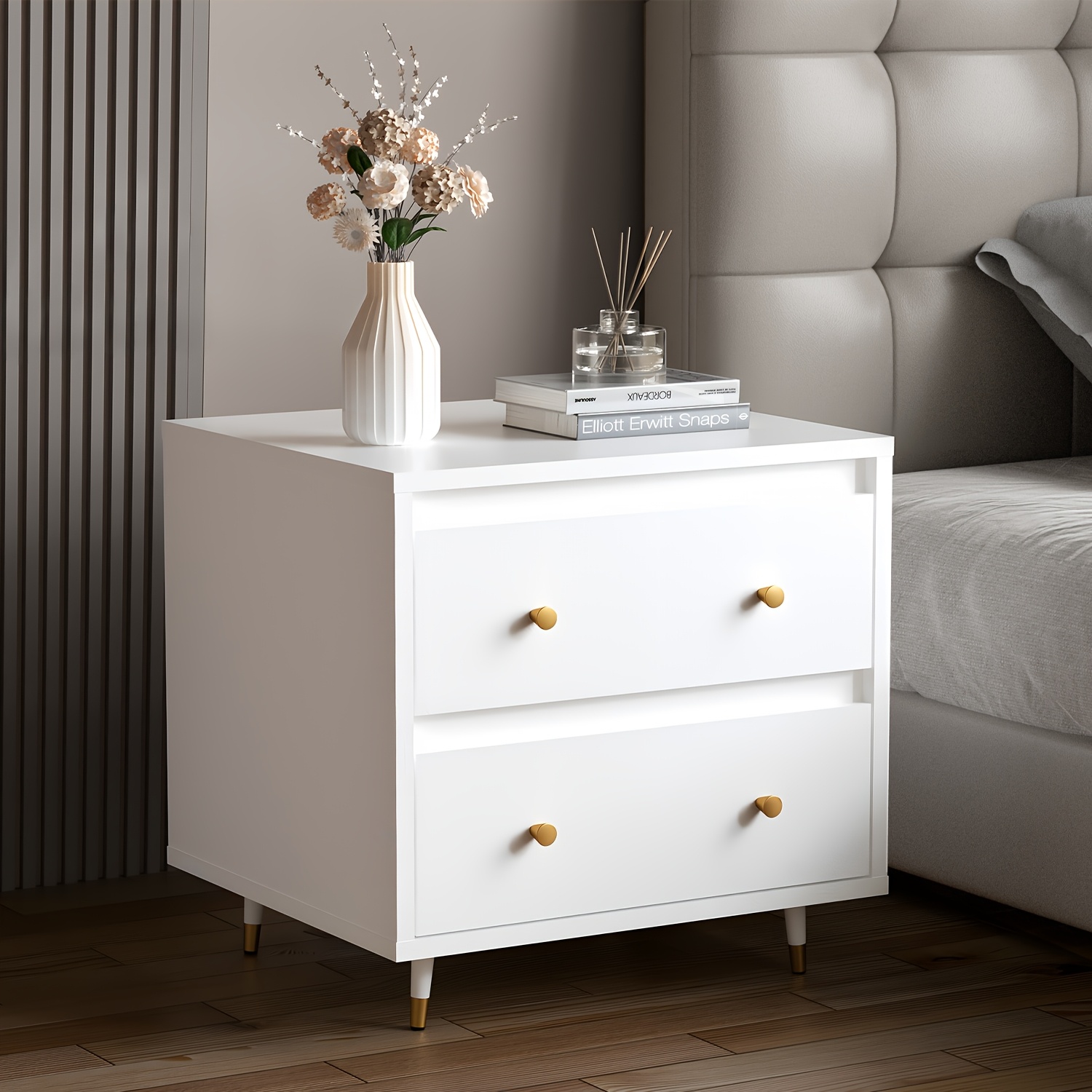 Bedside Table, White, 2 Drawers With Metal Handles And Runners, Unique Anti-deformation System, Bedroom Furniture, Grey