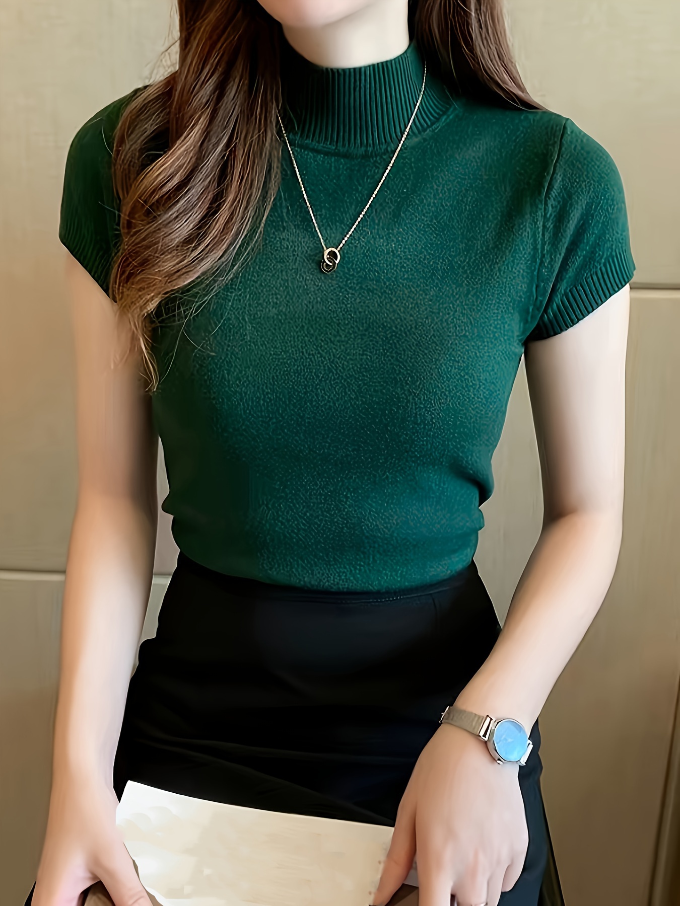 New Style Knitted Versatile Design Half-High Collar Short Sleeve Thin Pullover