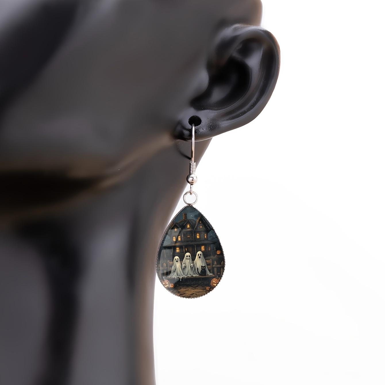 Halloween Ghost Black Cat Pattern Teardrop Earrings
