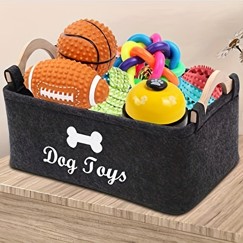 

1pc Stylish Black Felt Pet Toy Box With White Bone Design - Basket Organizer For Dog Toys, Material, Toy Display, Dog Toy Storage Basket, Pet Toy Box, Chest Organizer