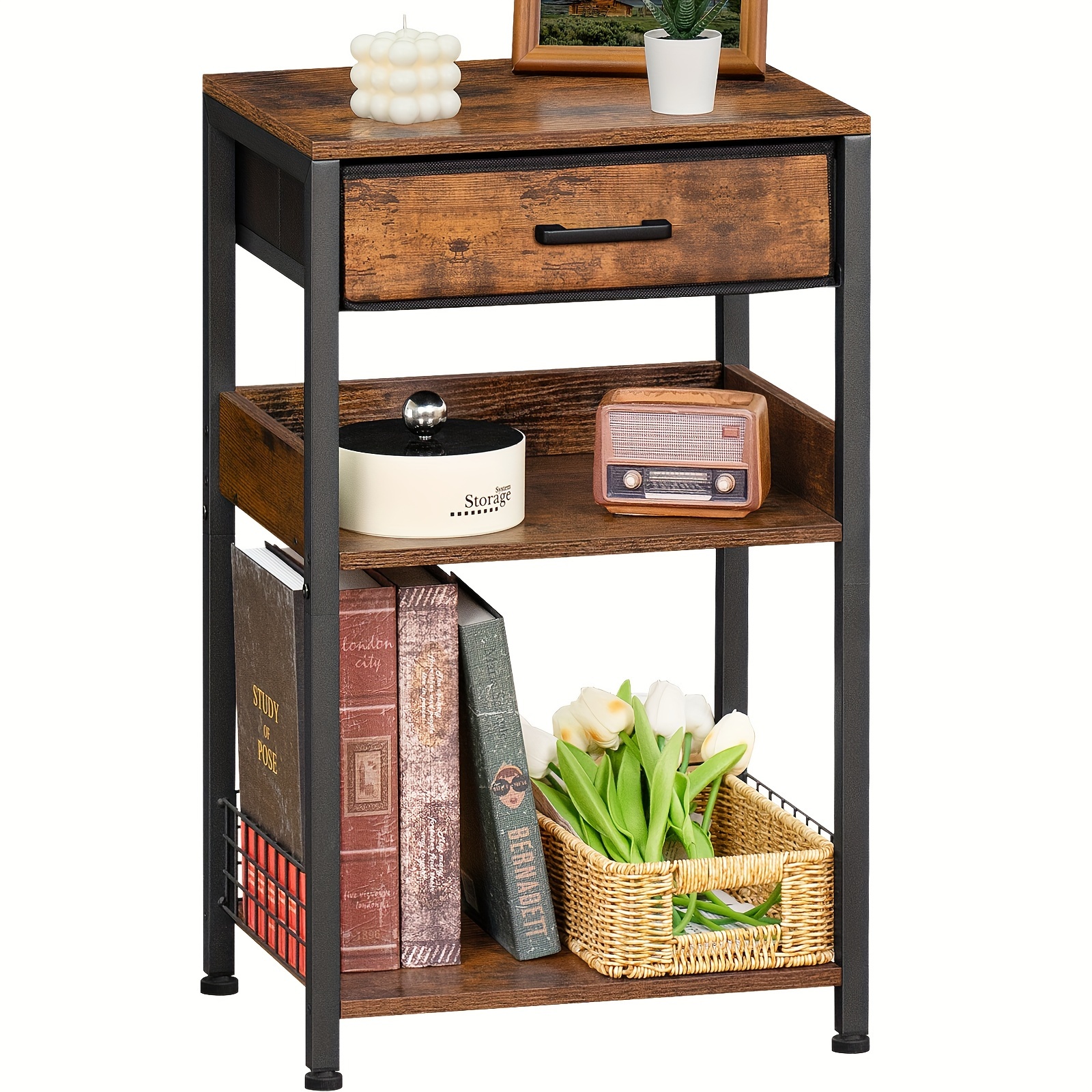 

With Fabric Drawer, 3 Tier Industrial Table With Storage, Modern Tall Printer Stand, Nightstand, Rustic Bedside Tables For Living Room Bedroom Small