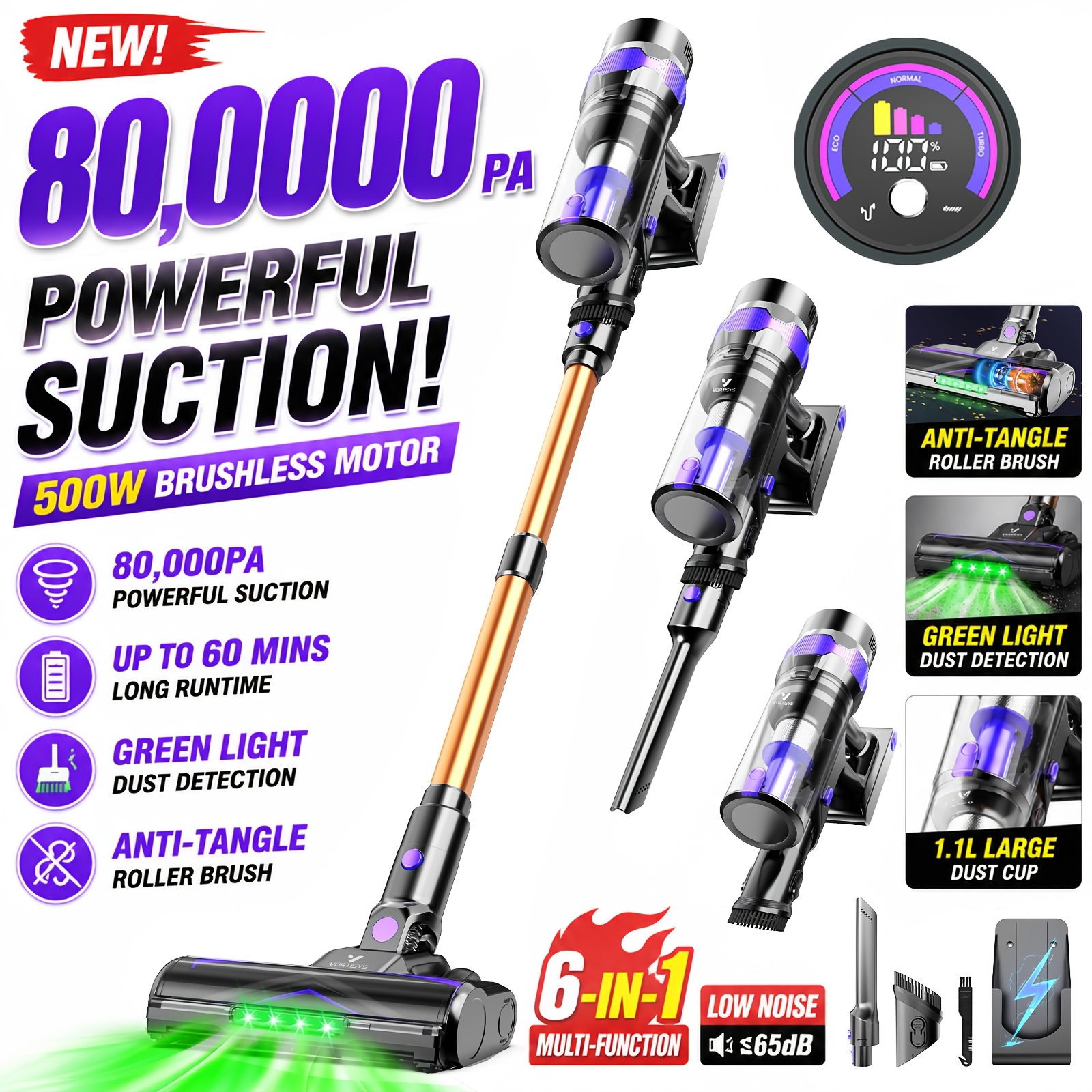 Image of 80, 000pa Cleaner, 500w Powerful Suction, 60min , Anti- Brush With Green Led Dust Detection, 6-in-1 Lightweight Handheld Vacuum With Led Display, Hepa Filter For Pet Hair, Carpet And Hard Floors