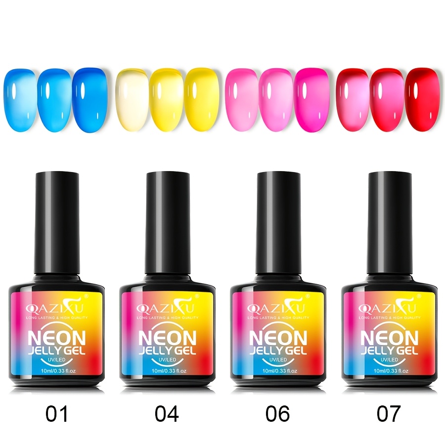 Image of Qazixu 4pcs Macaron Transparent Gel Nail Polish Set. Includes 4 Colors: Blue, Yellow, Pink, And Red. /led Semi-transparent Jelly Colors. And Nail Art . For Women