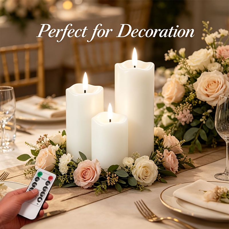 TEMU 3pcs Set Led Flickering Flameless Electronic Candle Lights, Wavy Mouth Simulated Flame Candles, Battery-powered With Remote Control And Timer