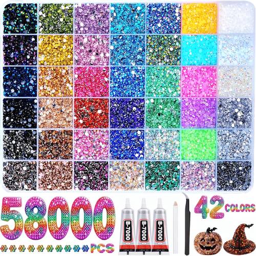 42 colors flat back resin rhinestones kit 58000pcs ab bling crystals gems 7000 diy tools halloween decoration gemstones for crafts tumbler nail art hat pumpkin decor clothing phone case diy supplies