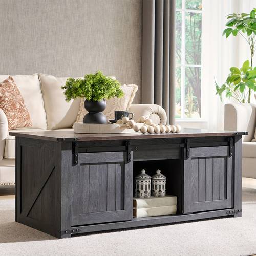 farmhouse lift top coffee table with storage sliding barn door hidden compartments and open shelves adjustable height