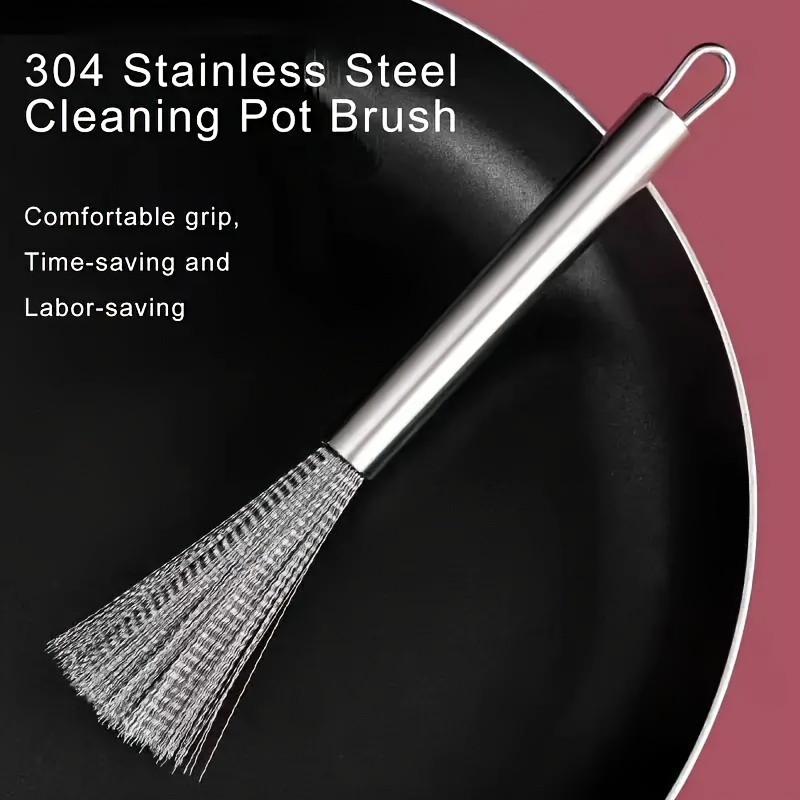 a long handled kitchen brush for cleaning pots and pans with multiple functions and made of stainless steel details 0