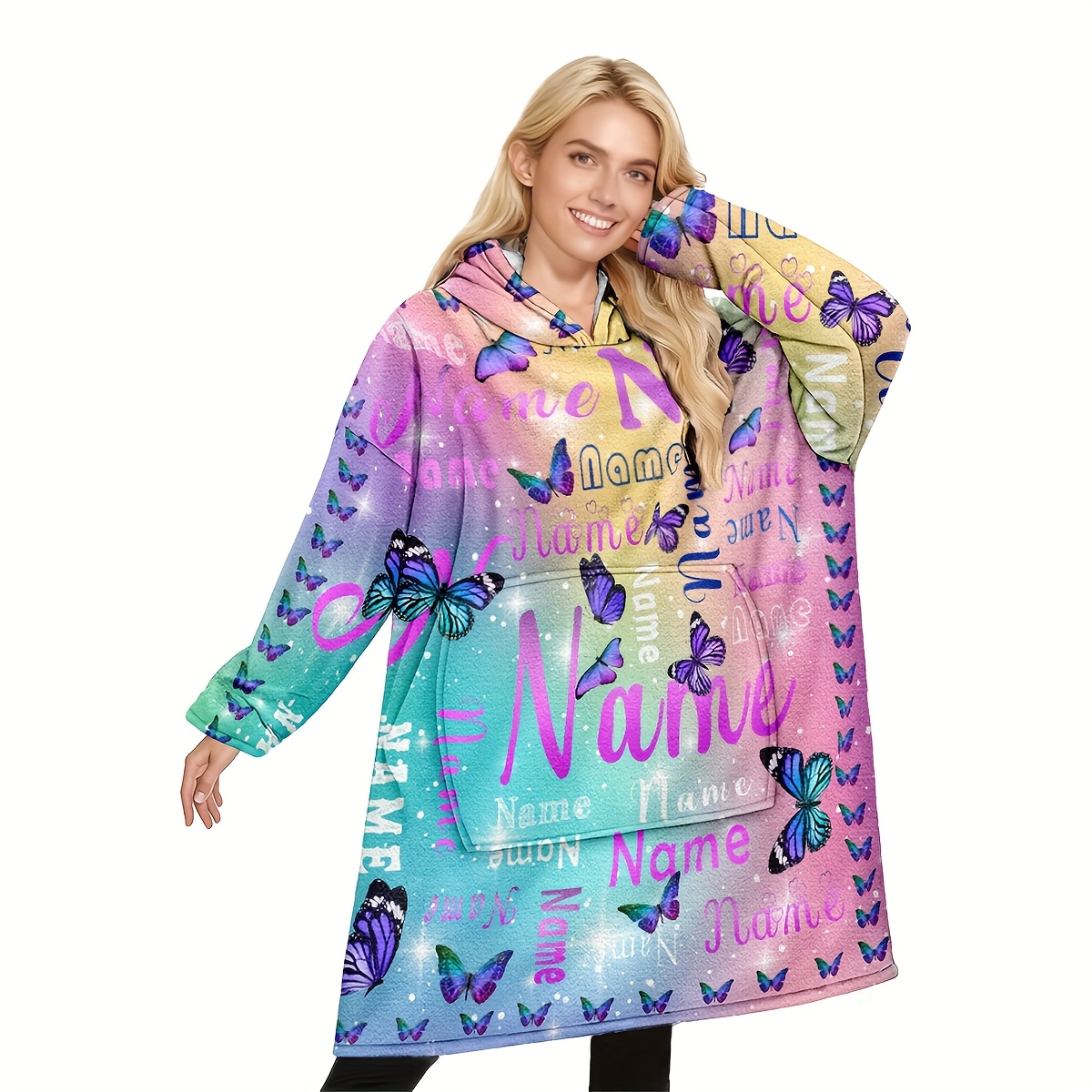 TEMU 1pc con Capucha Personalizada con /Texto - Cubrecama de Franela en Degradado con Bolsillos Grandes para Adultos, Regalo para Mujeres y Hombres