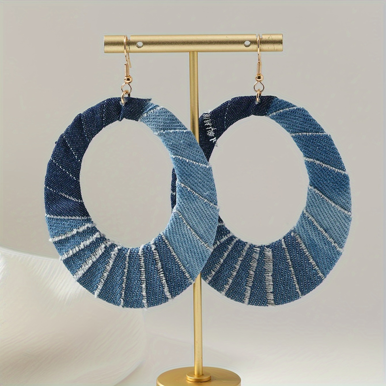 

Vintage Style Denim Hoop Earrings, Large Circle Statement Drop & Dangle, Stainless Steel Ear Needle, Polyester Fabric, No Plating - For Party & Vacation Occasions, 1 Pair