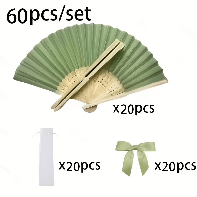 TEMU Lot de 30/60 éventails pliants portables pour femme avec sac en filet transparent et nœud vert - Convient pour de mariage, de fête prénuptiale,