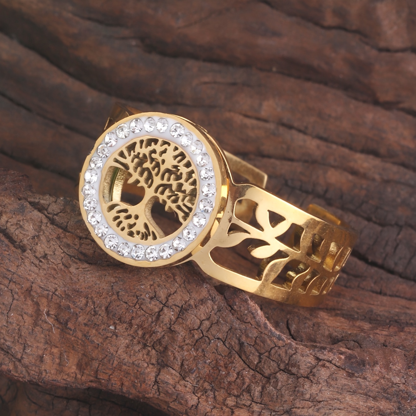 

Elegant Luxury Tree Of Life Ring With Rhinestone Accents, Stainless Steel Fashion Accessory For All - Ideal For Gifts And Banquets