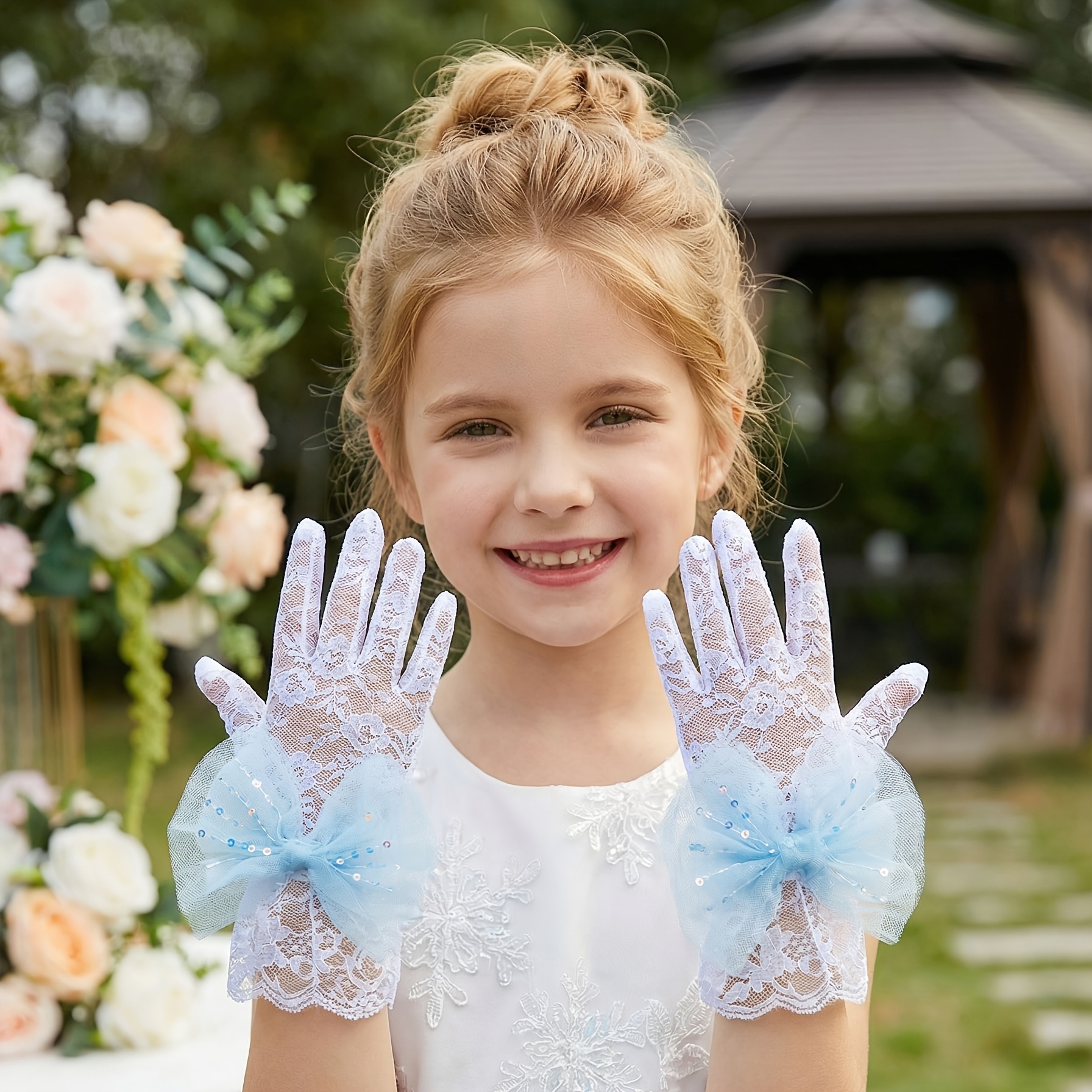 Image of A Pair Of Elegant Stretch Lace Gloves With A Fixed , Designed For Girls Aged 4 To 12, Suitable For Weddings, Pageants, And