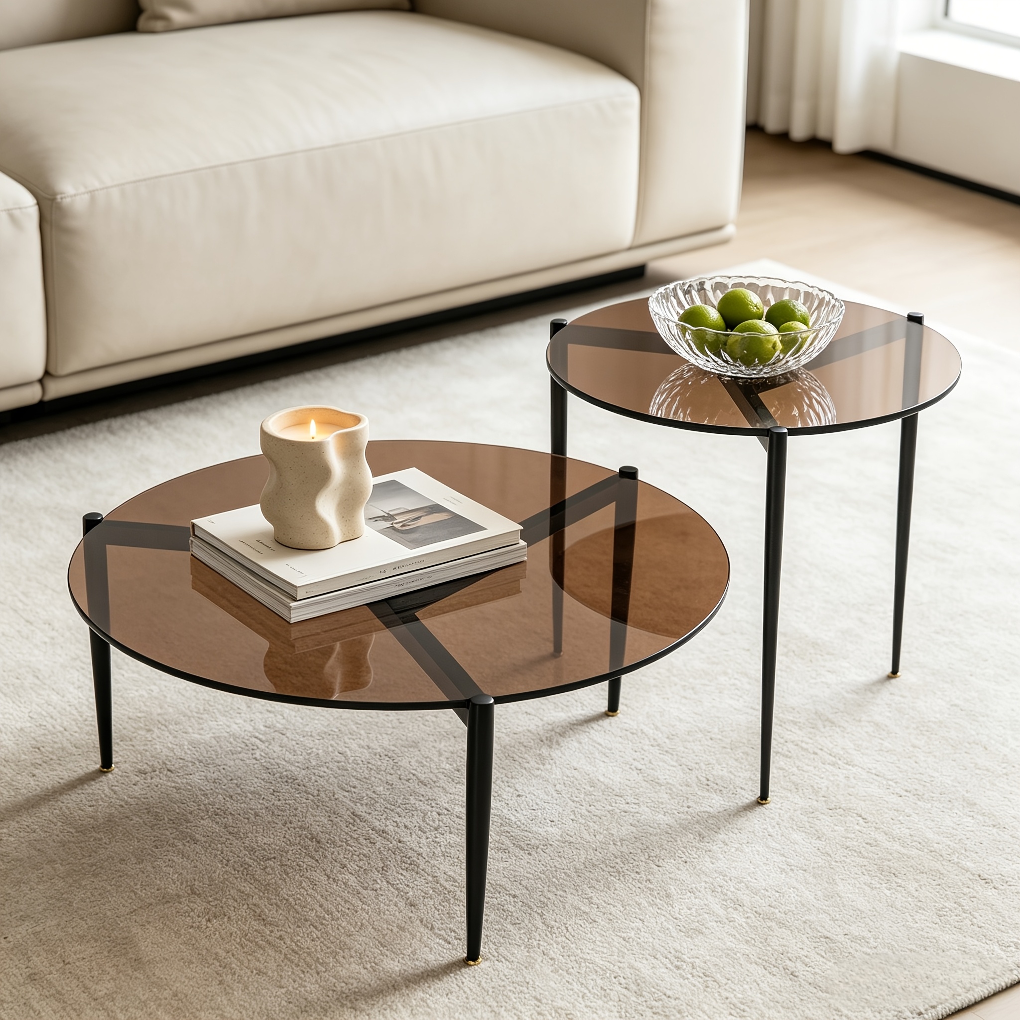 Round Tempered Glass Coffee Table Set Of 2 - 80cm Main Table (50kg Load) And 50cm Side Table (25kg Load), Smoky Grey Or , Space , Easy Assembly, For Living Room Office