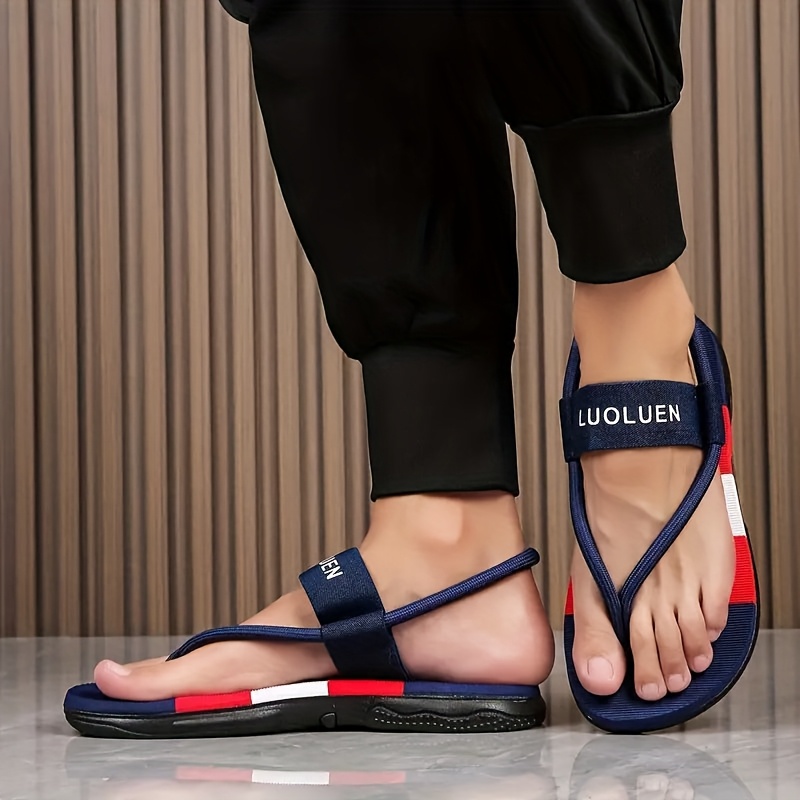 mens casual two way wear slide sandals slip on reversible design with navy red stripes breathable fabric upper cushioned eva insole for beach outdoor daily use Product details 0
