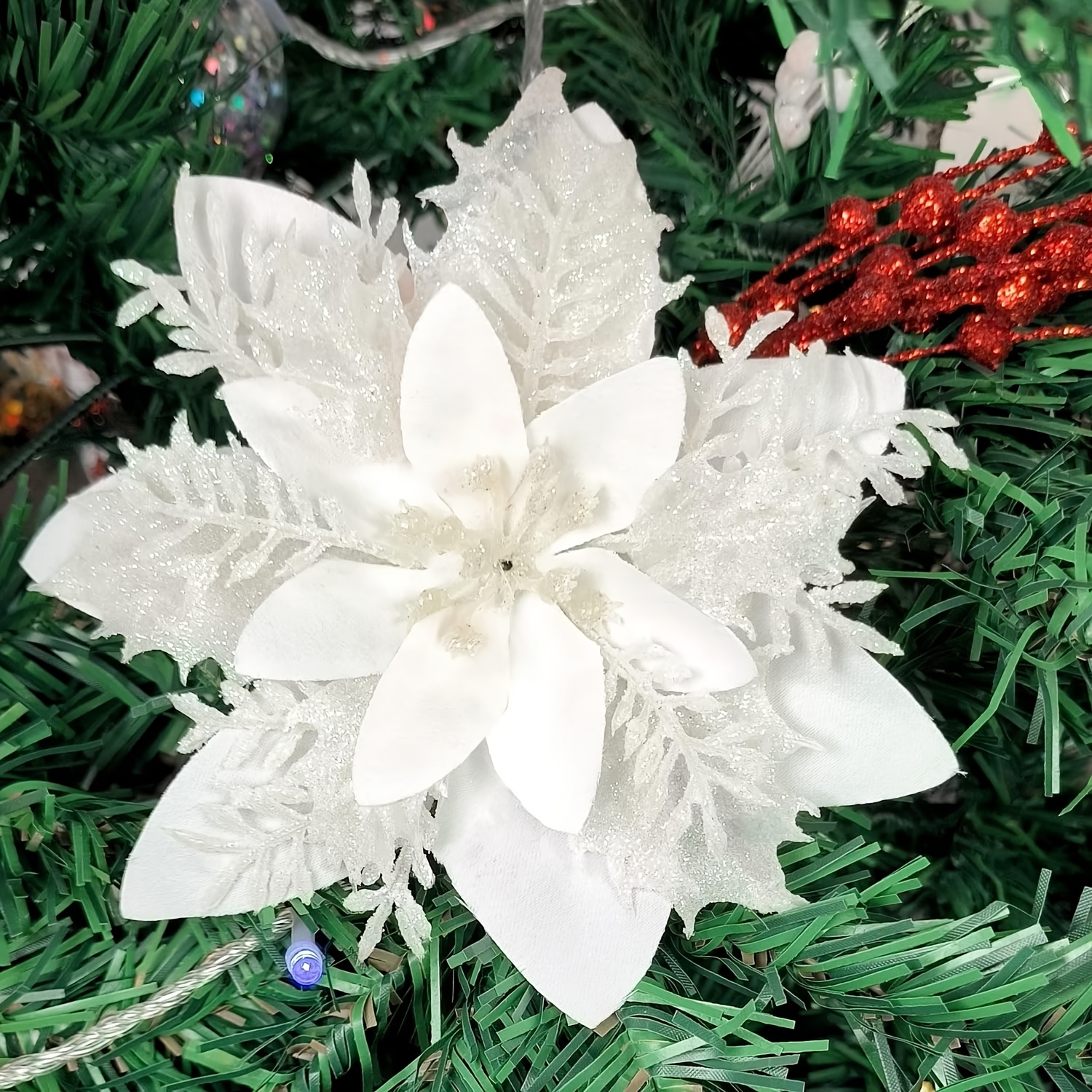 TEMU 20pcs White Artificial Poinsettia Christmas Ornaments With Clips And Stems - 5.5 Glitter Flower Decorations For Tree, Wreaths, Seasonal Decor