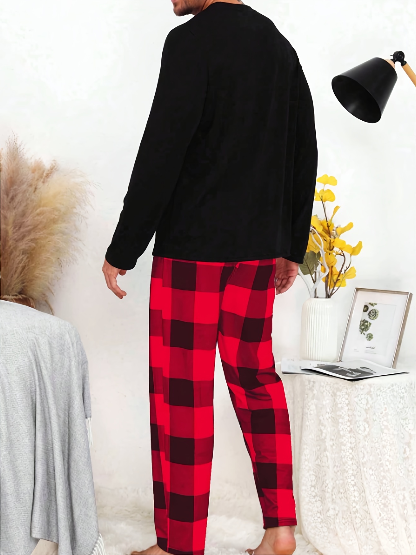 Pyjama Bottoms Mens Tartan Loungewear Pajamas Set Mens Red Pajama