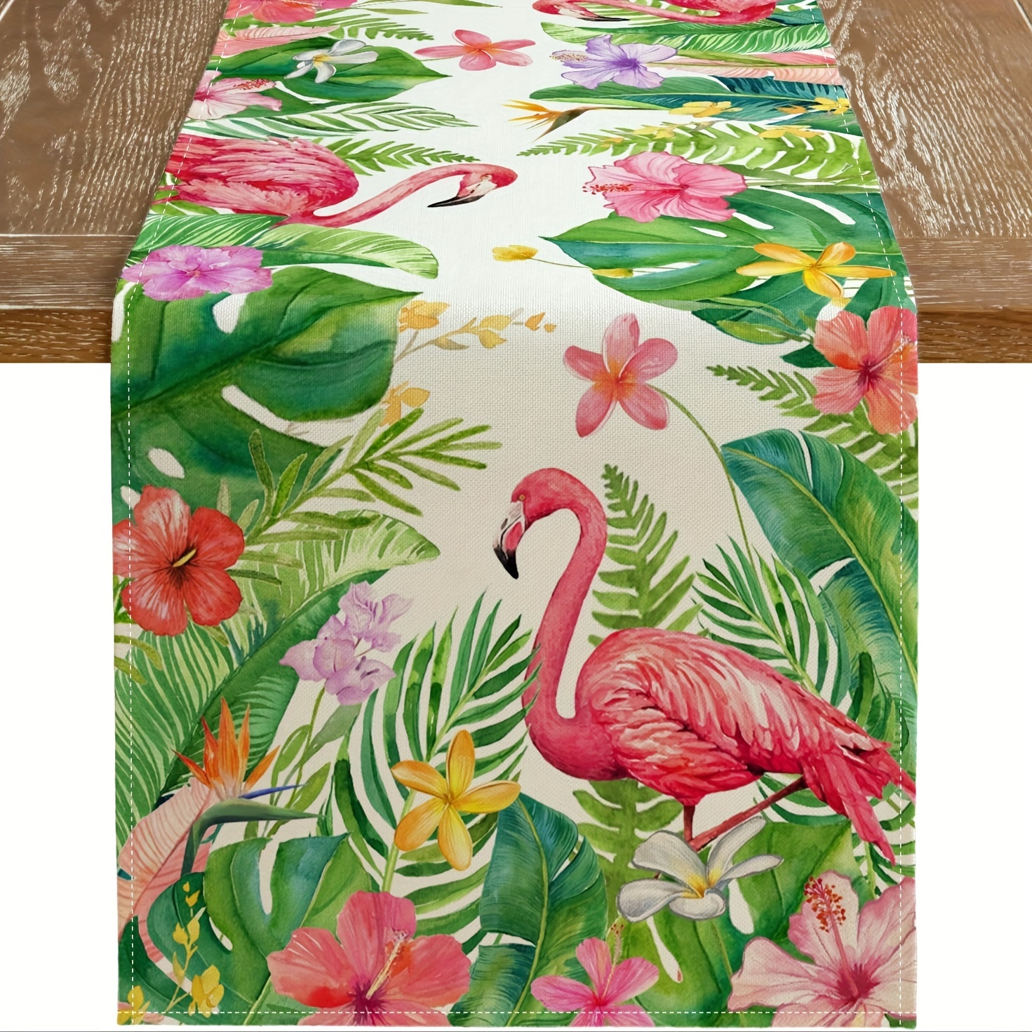 

1pc Table Runner, Summer Table Runner, 13x108inch, Palm Leaf Flamingo Seasonal Farmhouse Burlap Table Runner, For Indoor, Kitchen, Anniversary, Dining Table Decorations, Party, Home Supplies