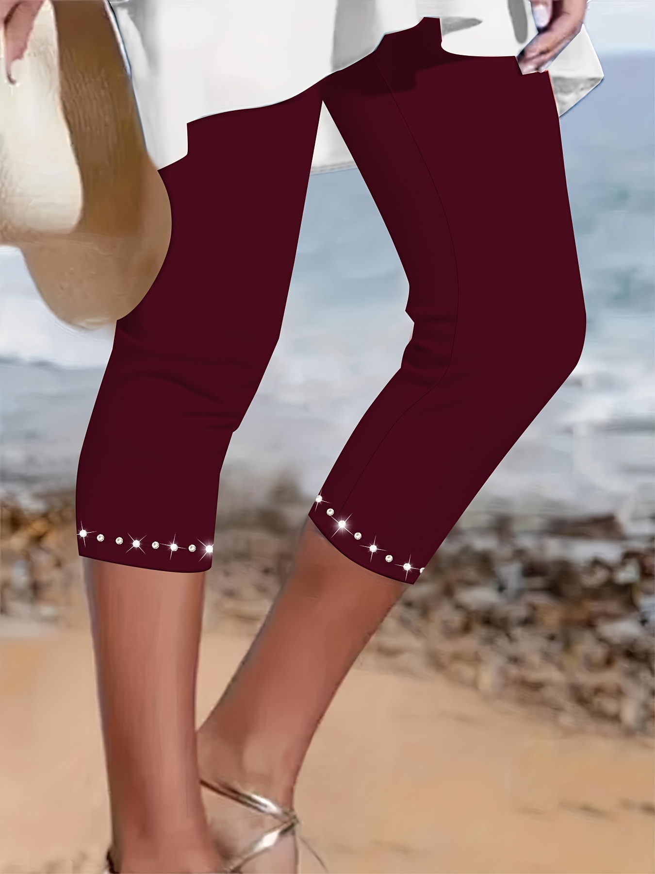 Plus Size Rhinestone Decor Capri Leggings, Casual High Waist Stretchy Leggings For Spring & Summer, Women's Plus Size Clothing