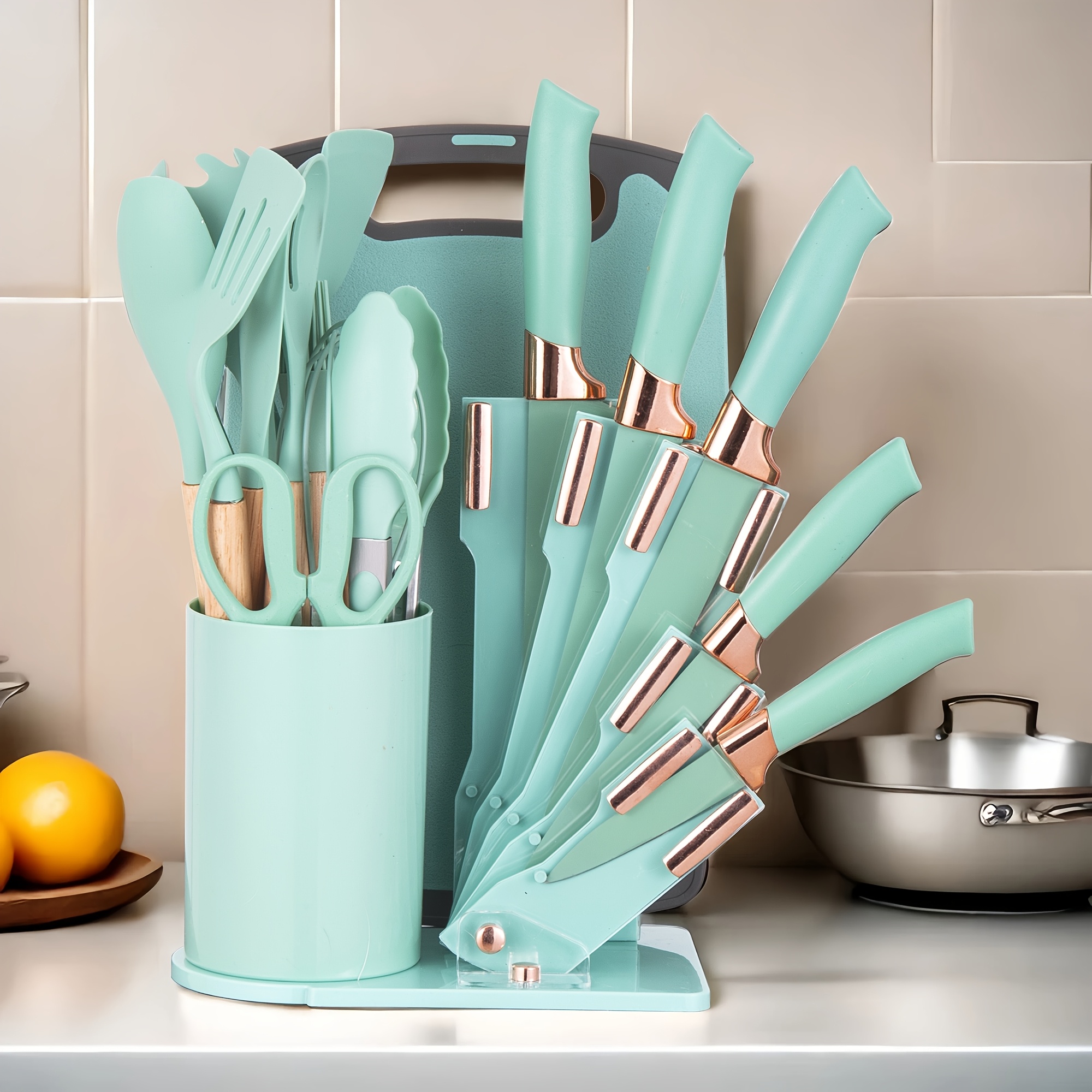 19pcs Kitchen Knife And Utensil Collection, Featuring a Nonstick Black Knife Set with Wooden Grips, Silicone Cooking Tools, a Cutting Board, Scissors, And a Holder, Ideal Gift for Parents