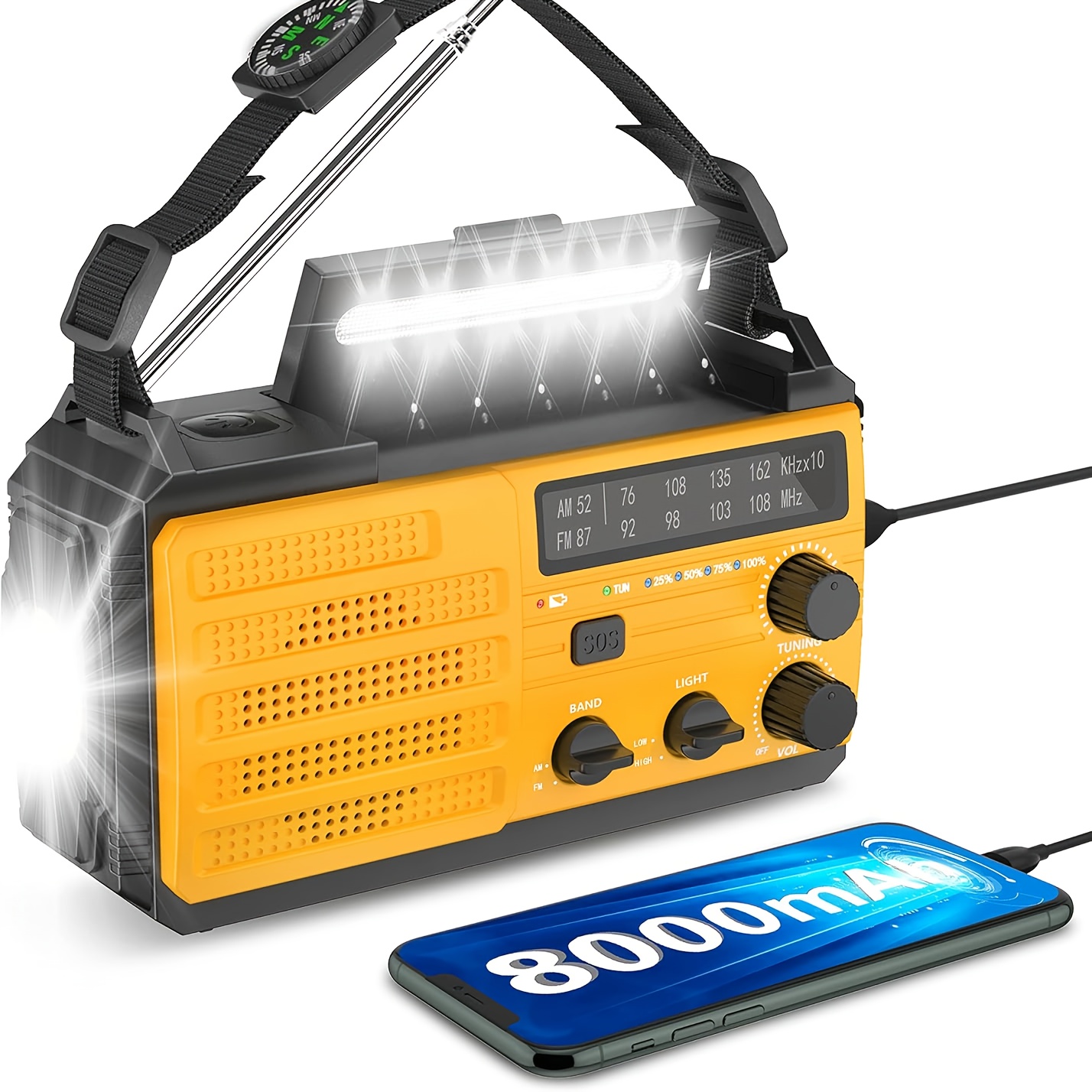 8000mah Portable Emergency Wind Up Radio, Hand Crank Solar, Am/fm Radio With 3-mode Flashlight, 2-mode Reading Lamp, Sos Alarm With Usb Charger Compass And Flashlight For Emergency