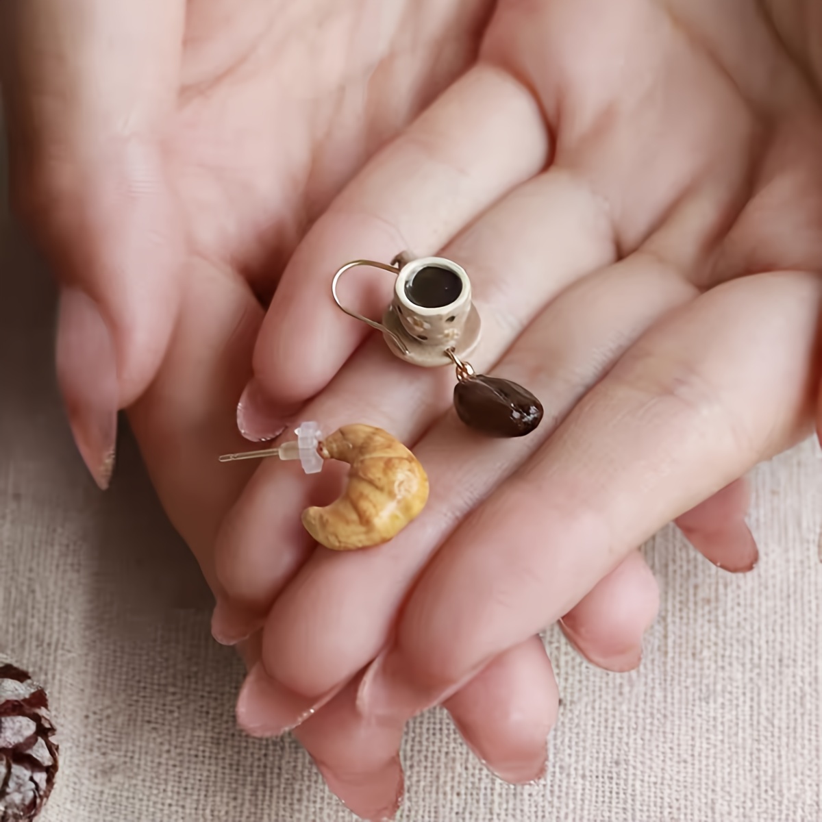 

Cute Novelty Tea Set And Food Design Earrings, Dt289, Quirky Miniature Croissant And Coffee Cup Studs, Charming Jewelry Accessory