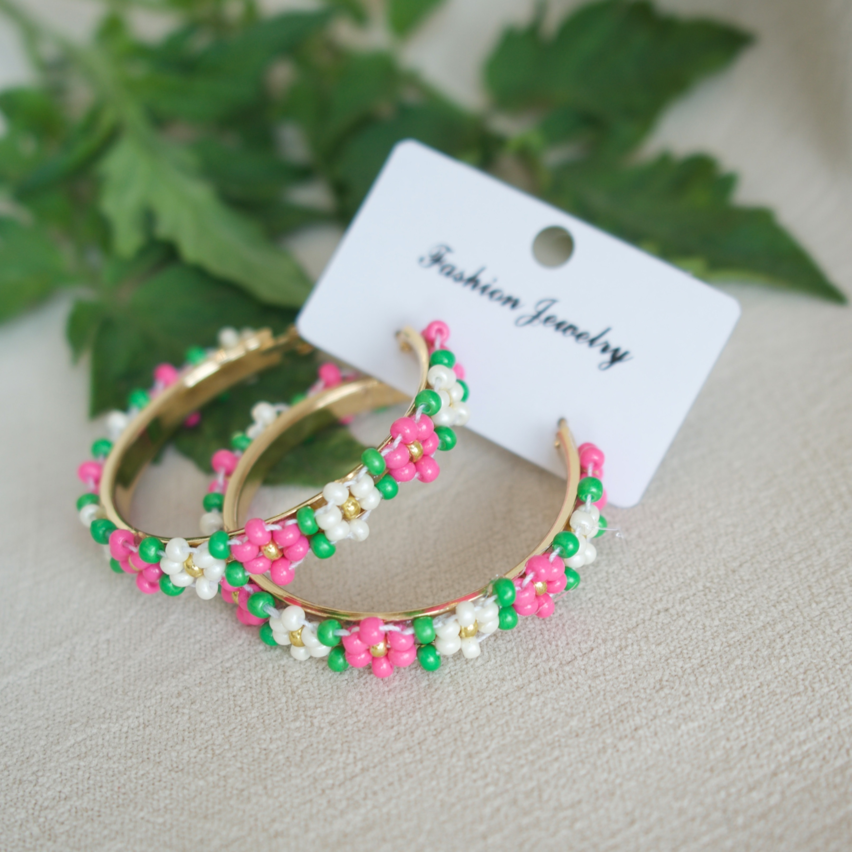 Boho Beaded Hoop Earrings Set, Handwoven Flower Ear Needle