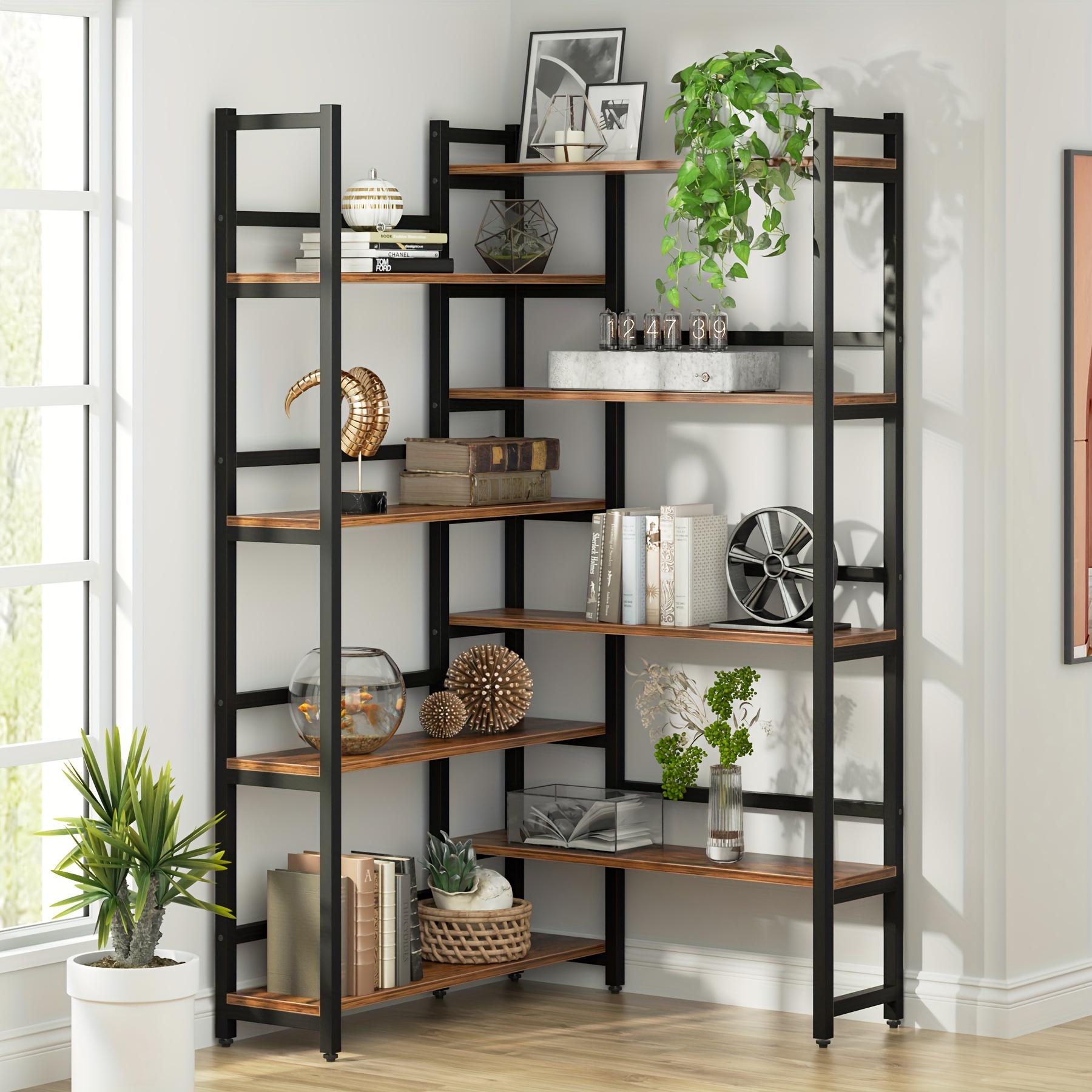 

Little Tree 70.8" Corner Bookshelf, 8-tier L-shaped Bookcase With Metal Frame, Corner Display Rack Storage Organizer For Home Office