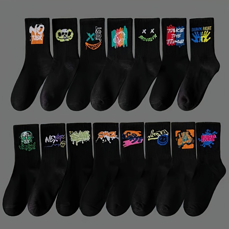 TEMU [customer Favorite] 5pcs Graffiti Crew Socks - , Comfortable Polyester Blend