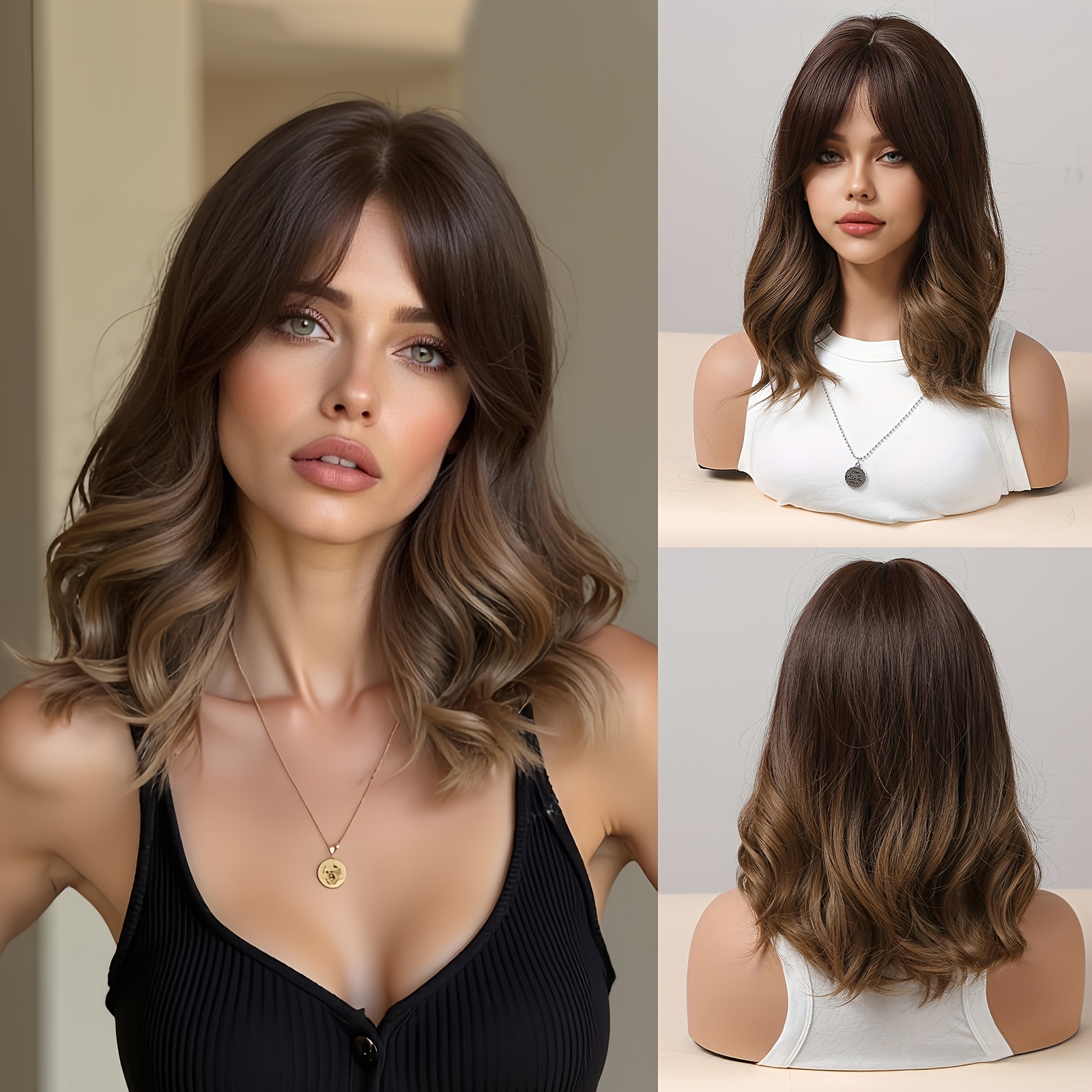 

Chic 14-inch Ombre Brown Wig With Bangs - Long Curly Synthetic Hair, Heat Resistant, Ideal For , Parties & Cosplay, Wig Accessories