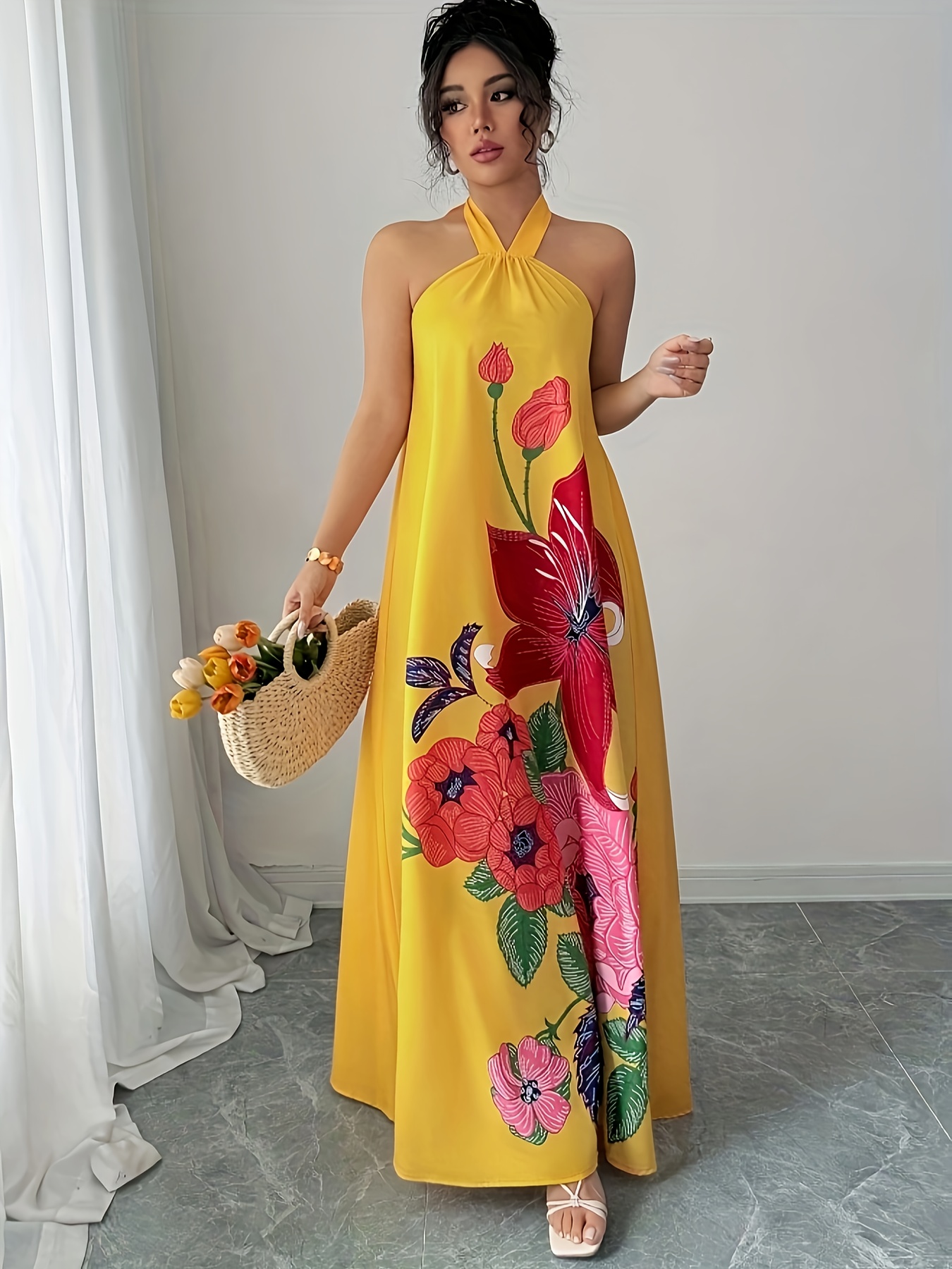 Women'S Elegant Sleeveless Maxi Dress Floral print in Red/Blue/Pink/,  A-Line Formal casual event gown, Lightweight for Wedding, Party, Vacation 