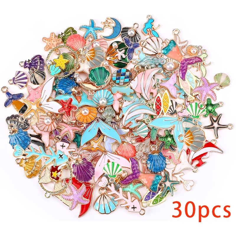 Image of 30/70pcs Random Mixed Ocean Theme Charms, Jewelry Making Additions, Assorted Golden Enamel Starfish Ocean Pendants, Materials For Necklaces, Earrings And Bracelets