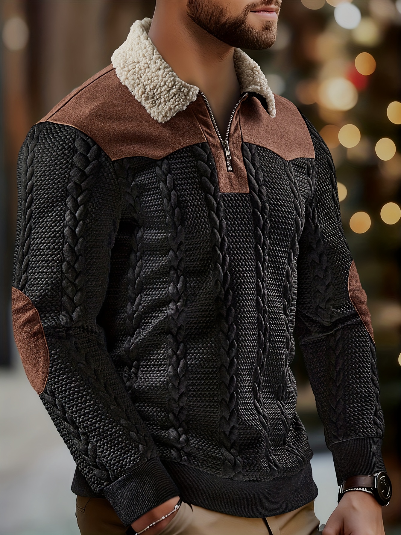 mens fashion casual sportswear autumn winter outdoor textured jacquard fabric contrast stitching zipper collar design long sleeve mens sweater Product details 0