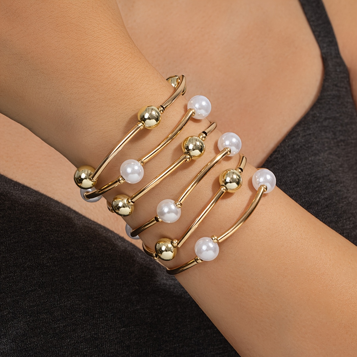 TEMU 6-delige retro elegante meerlaagse kralenarmbanden voor dames. Gemaakt van legering, , koper, CCB & ronde kralen, rekbare elastische armbanden &