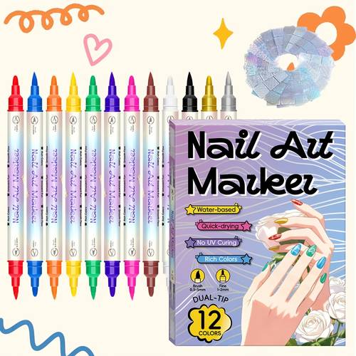 12 color nail art pen set with 24 reusable stencil stickers quick dry acrylic paint nail art pens for dotting doodling and line drawing nail design tools for christmas gift birthday present
