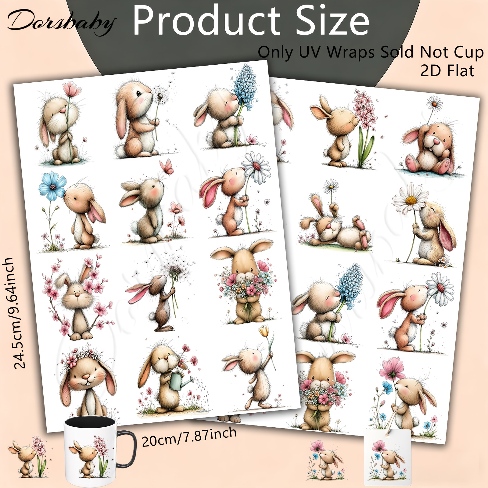 Image of 24pcs Cute Bunny Flowers Rub On Transfers For Mugs, Uv Dtf Transfer For Coffee Cups & 16oz Glass Cans, High Art Craft Supplies, Great (no Mugs, Only Rub On Transfers)