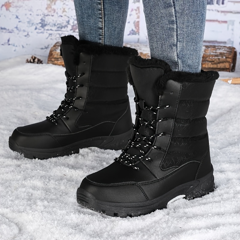 womens winter snow boots high   toe non slip black fabric upper with lining and insole tpr sole warm and stylish cold weather footwear