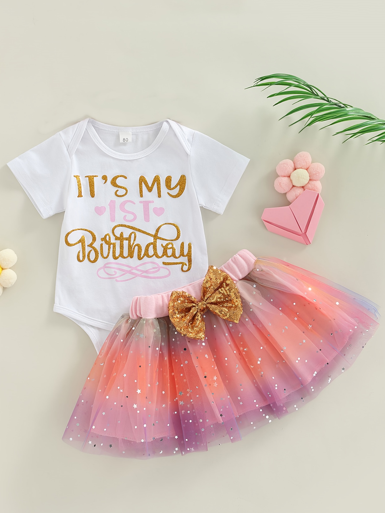 Girls' First Birthday Outfit &*;It'* First Birthday&*; Letter Print Short  Sleeve T-Shirt Tulle Skirt Set with Detail, Pink White