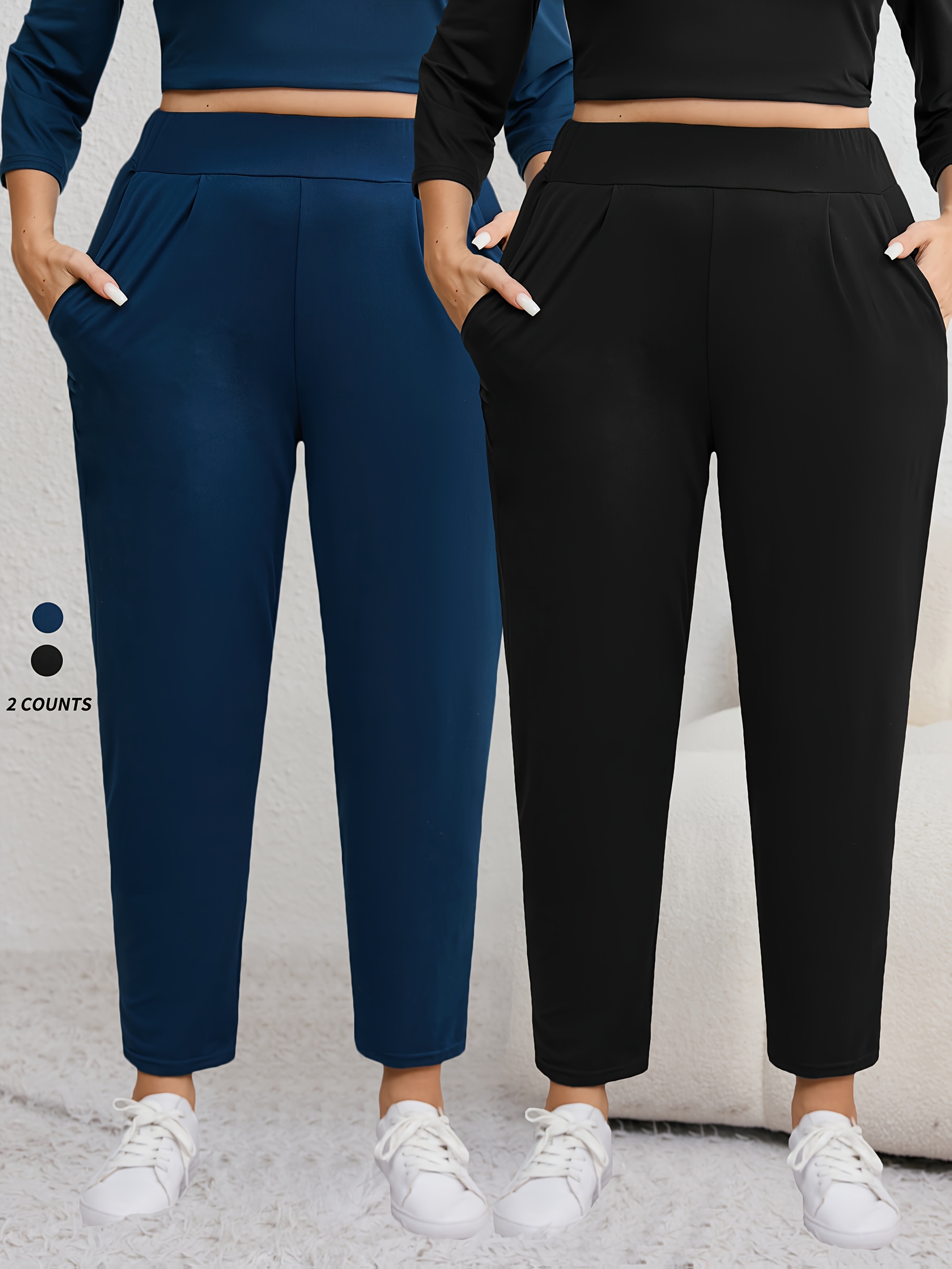 k1120plus 2 two pack cross border plus size womens solid color   waistband pleated high   flared jeans casual outfit long pants for outdoor and work black navy blue a 0