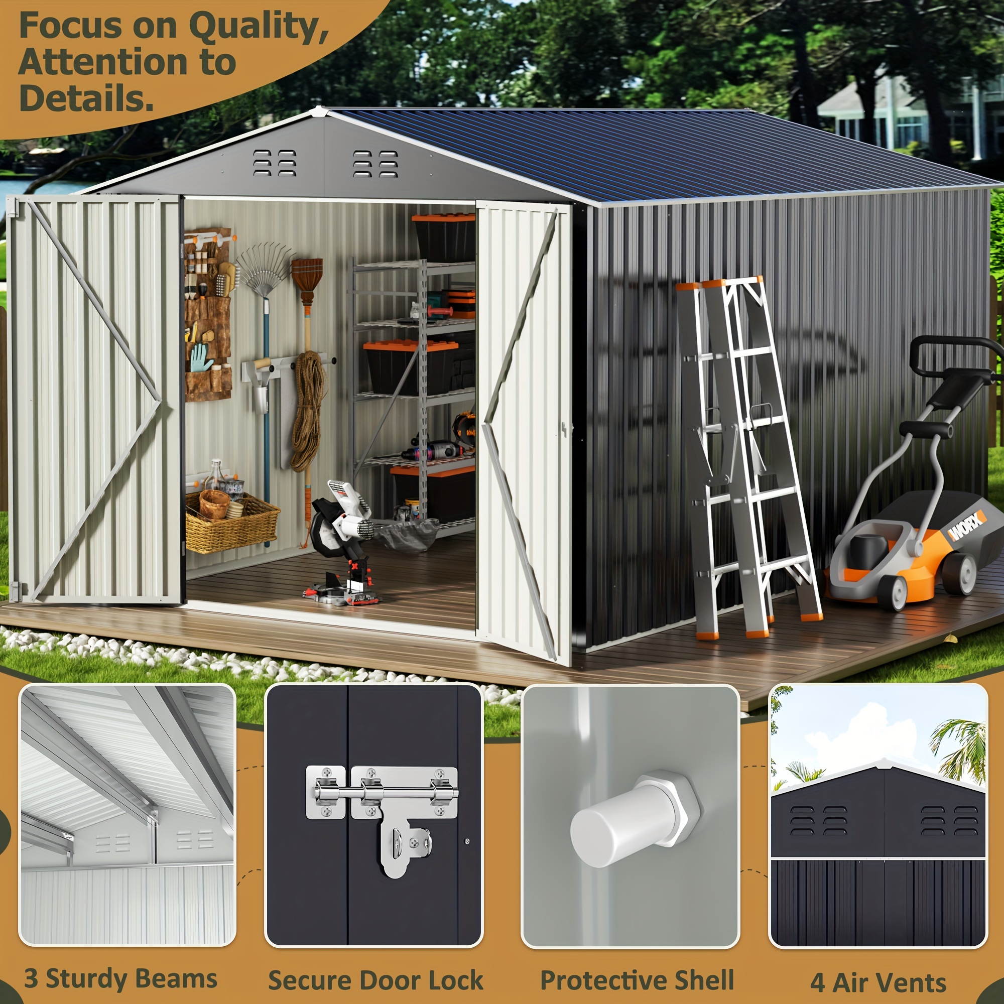 12x10 Ft Outdoor Metal Storage Shed - Waterproof Garden Tool Shed With Lockable Door & Sloped Roof For Patio, Lawn, Or Poolside