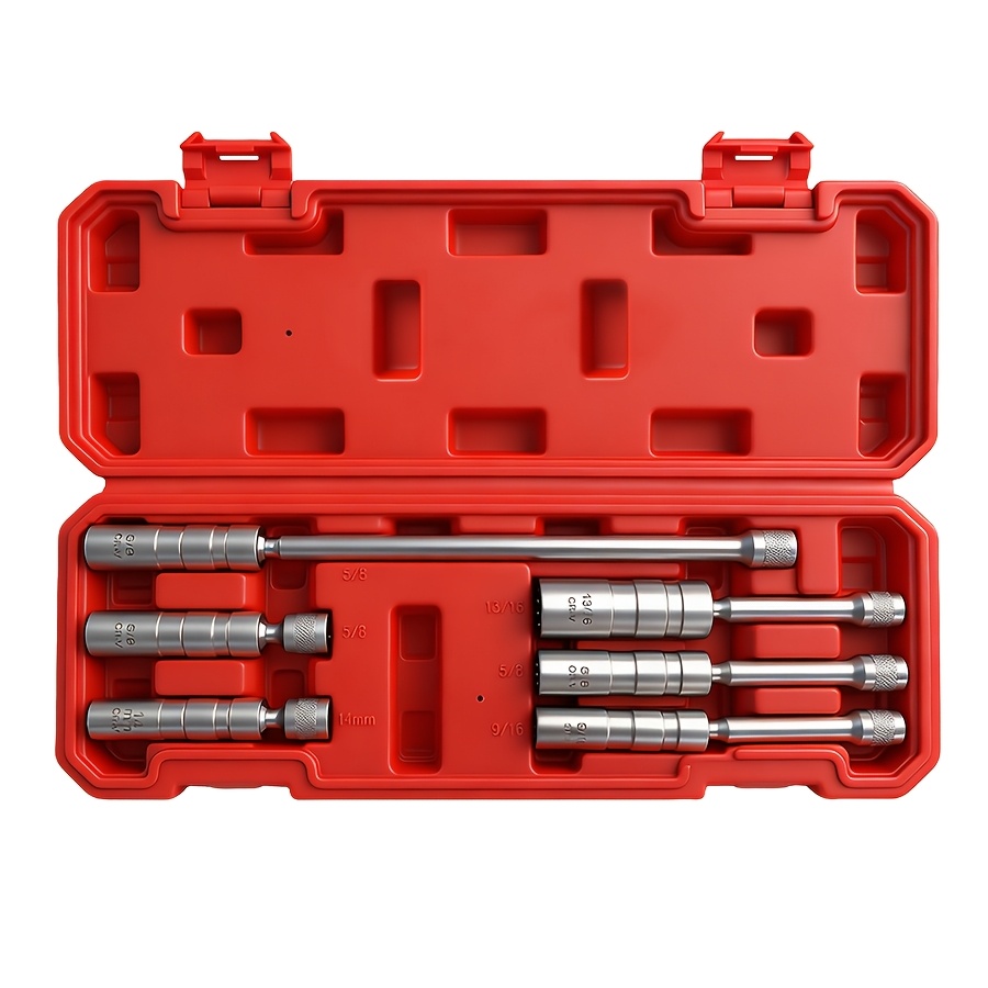 TEMU 6pcs 3/8-inch Drive Magnetic Swivel Spark Plug Socket Set, 12 Point, 9/16", 5/8", 13/16", 14mm Socket, Length: 4-inch, 6-inch, 11-inch, 12-point,