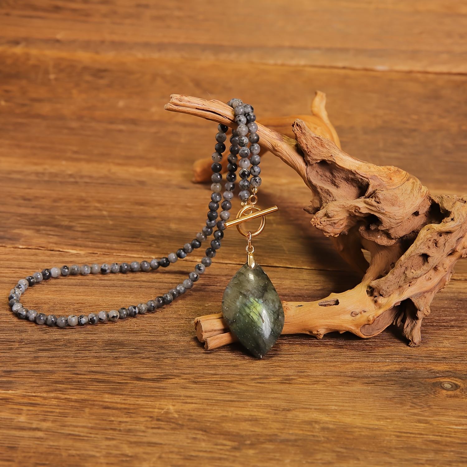 Men's Labradorite Beaded Necklace with Golden Toggle Clasp