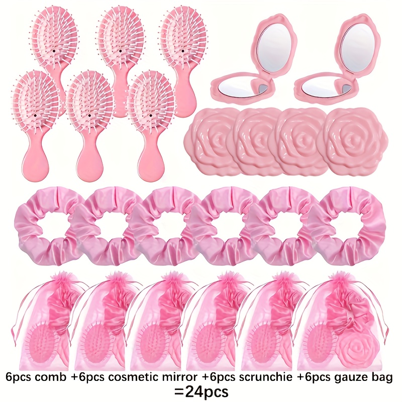 TEMU Gift For Her/him 24pcs Pink Hen Party, Costume Party, Wedding Slumber Party, Including Pink Comb, Elastic , Pink Makeup Mirror, Pink Bag,