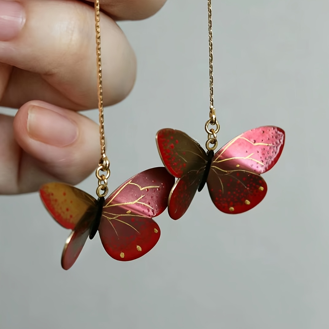 Elegant Hand-Painted Butterfly Long Earrings, Stylish Gift