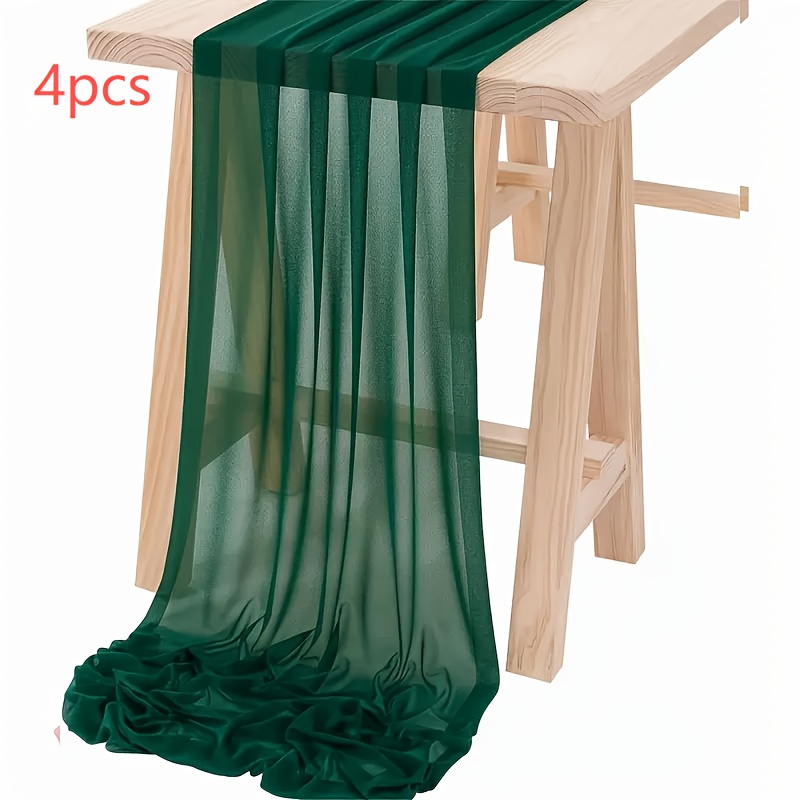 TEMU 4pcs Set Of New Dark Green Beauty Gauze Draped Table Runners, Bohemian Style Tablecloth, Light Pink Sheer Chiffon 11.4*118.1in Rectangular Long