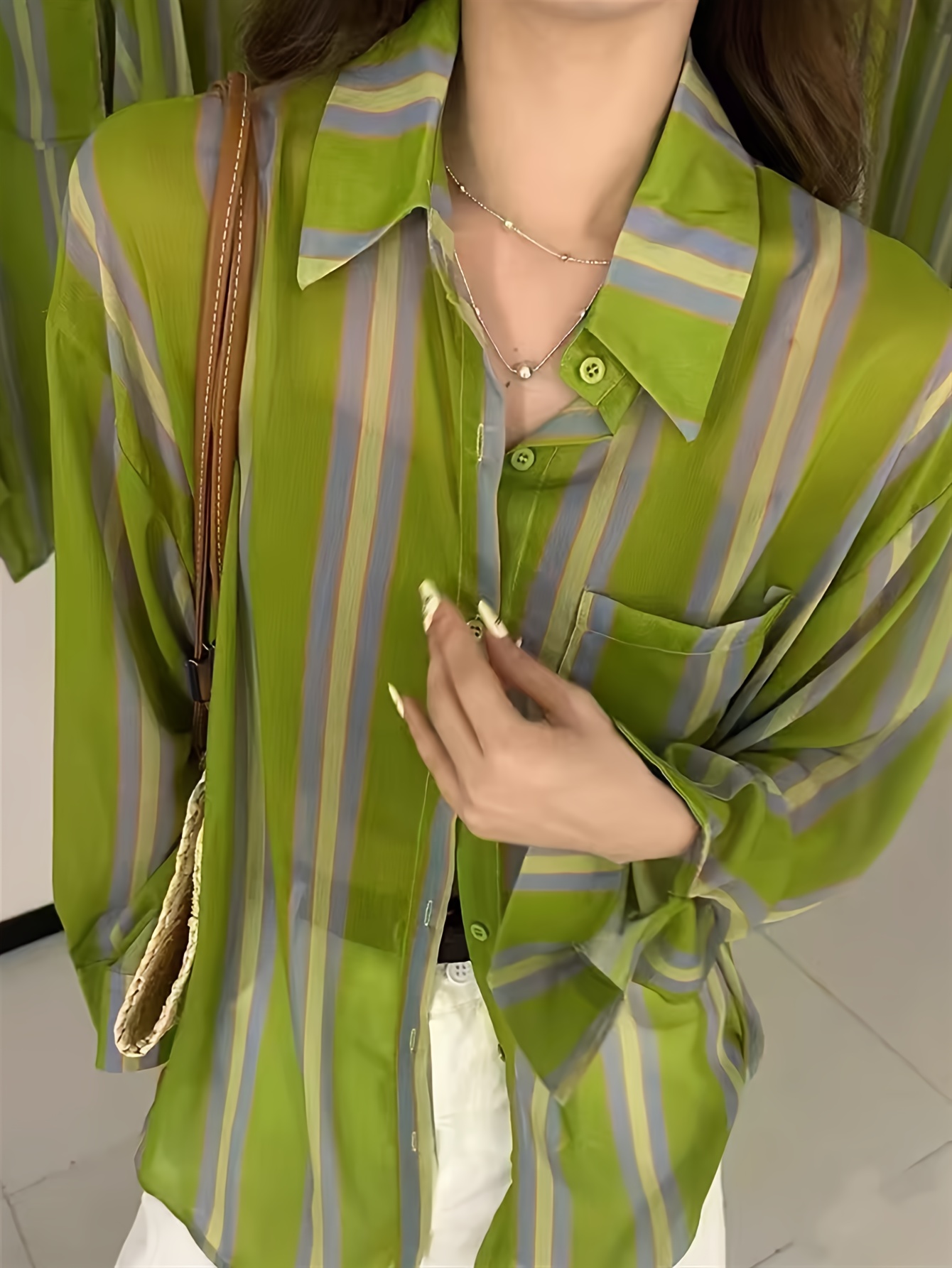 Camisa para mujer Estampado verde y con y con caído, cierre  de botones en la parte delantera, transpirabl