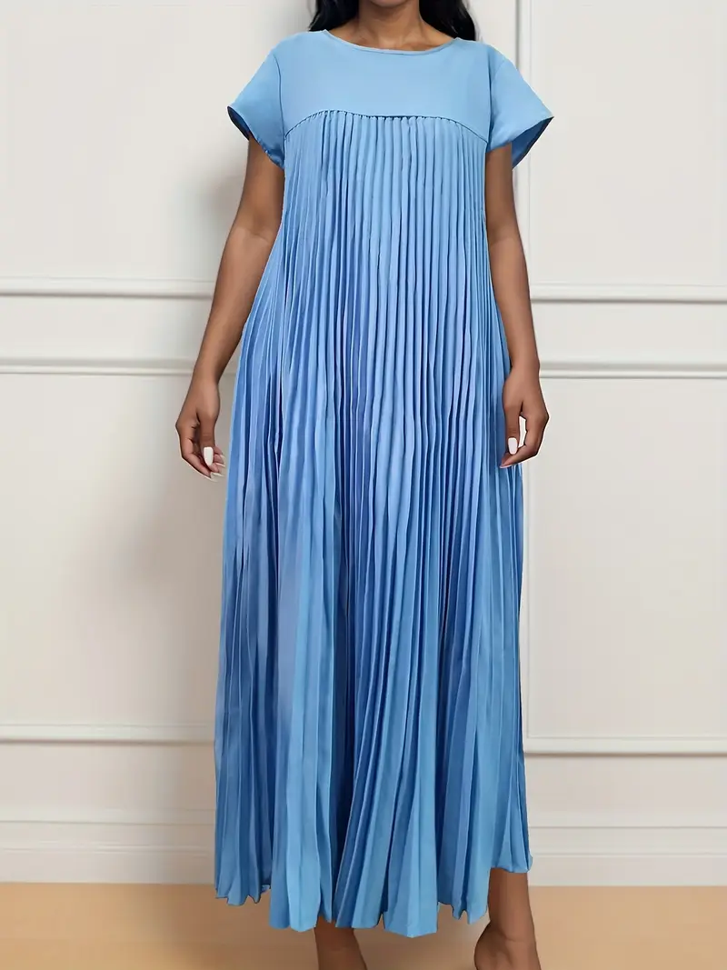 casual loose fitting dresses Blue Viscose Midi Dress - Minimalist Short Sleeve Dress