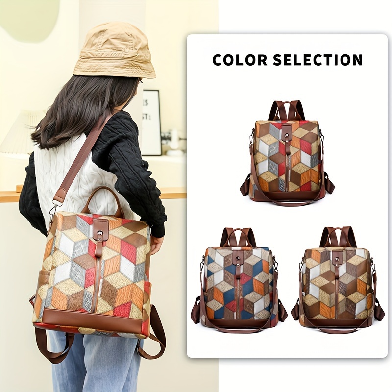 

Geometric Pattern Anti-theft Backpack For Women, Large Capacity Multi-compartment Shoulder Bag, Casual Pu Commuter Daypack